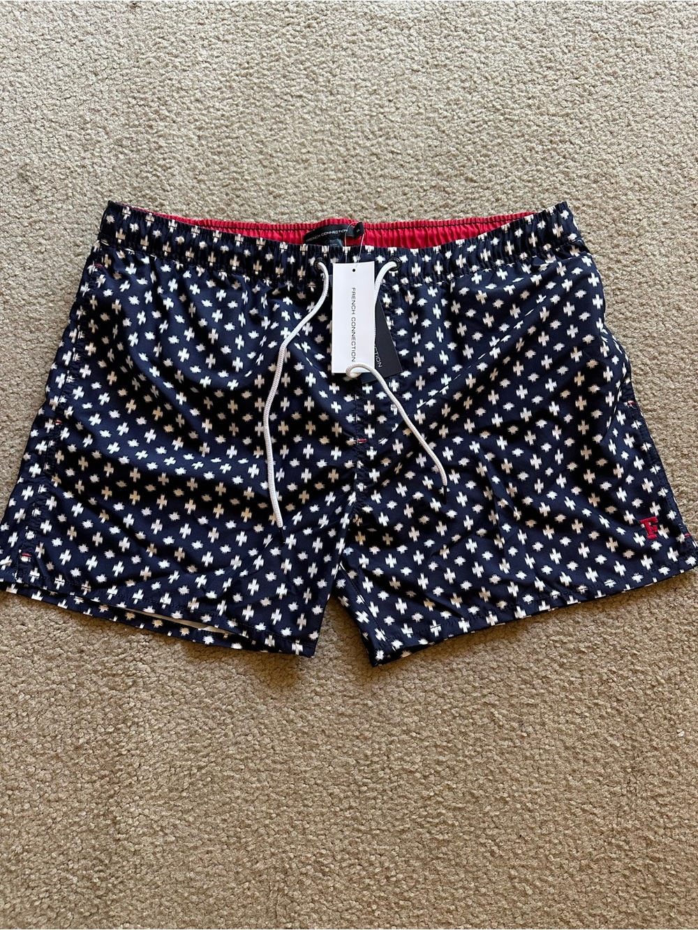 French Connection Men’s Navy Swim Shorts with White Plus Pattern XL Ret. $79 NWT